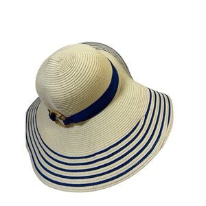 HBX paper hat beige with blue trim beach cruise one size